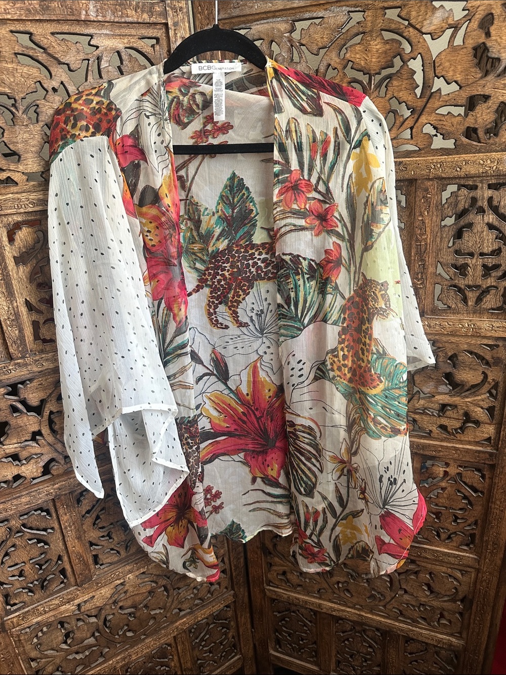 BCBGeneration White Sheer Kimono with Floral & Leopard Print